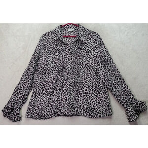 Canda Blouse Top Women's M‎ White Purple Leopard Print Sheer Collar Button Front